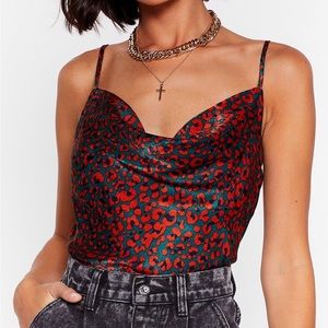 Red cheetah print cowl neck top